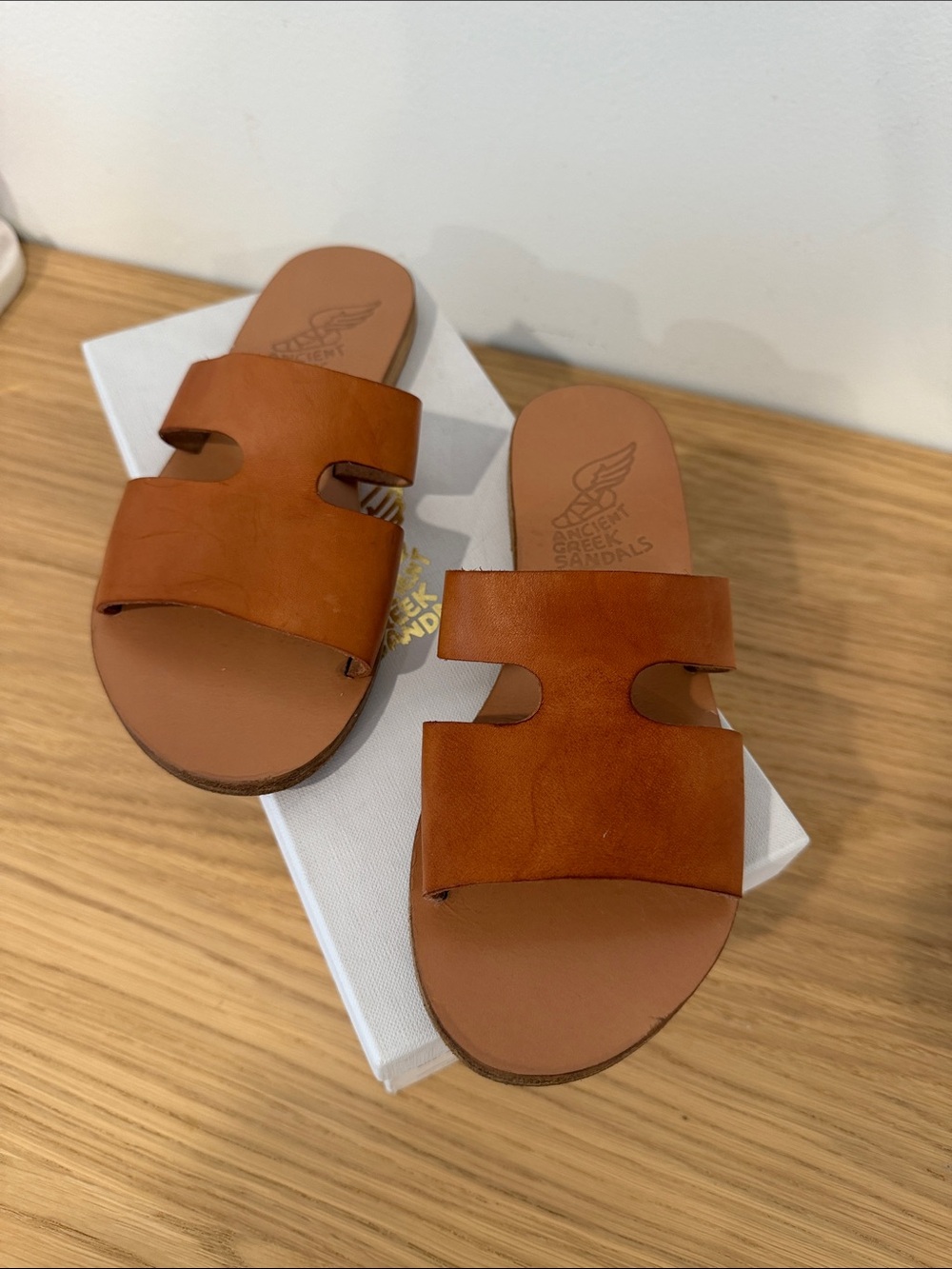 Ancient Greek Sandals Cognac Leather Slide Sandals